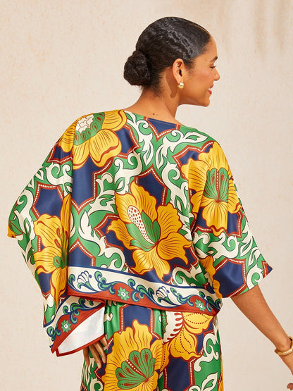 Emerald Bloom Bazaar Silky Satin Batwing Top