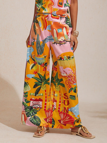 Summer Escape Silky Satin Floral Wide-Leg Pants