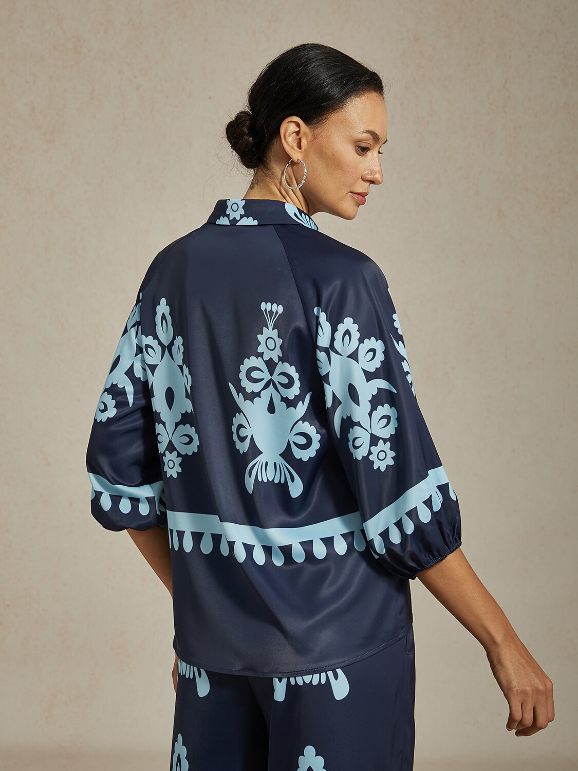 Blue Floral Print Shirt Collar Satin Blouse