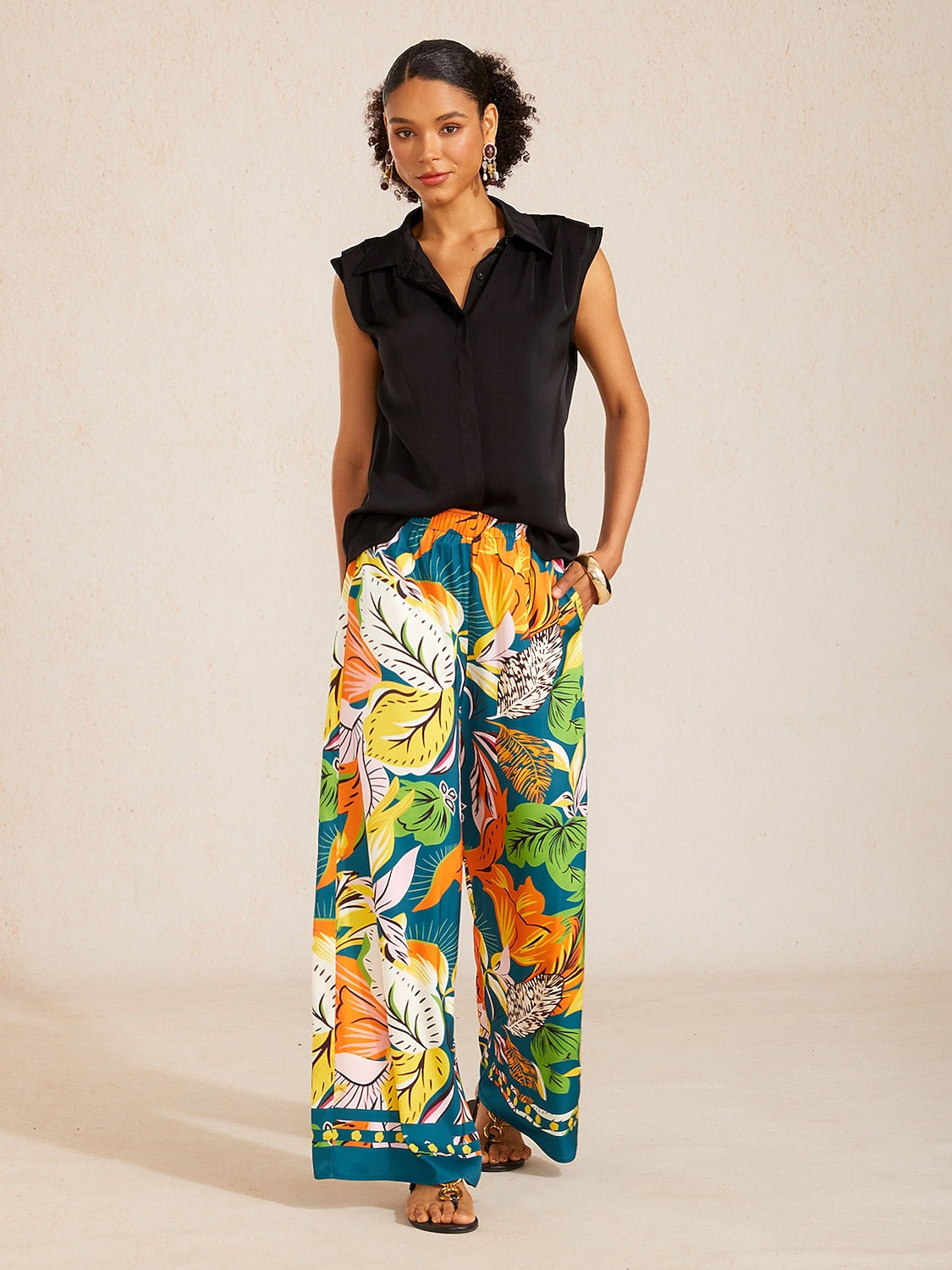 Wild Hibiscus Dream Silky Satin Wide Leg Pants
