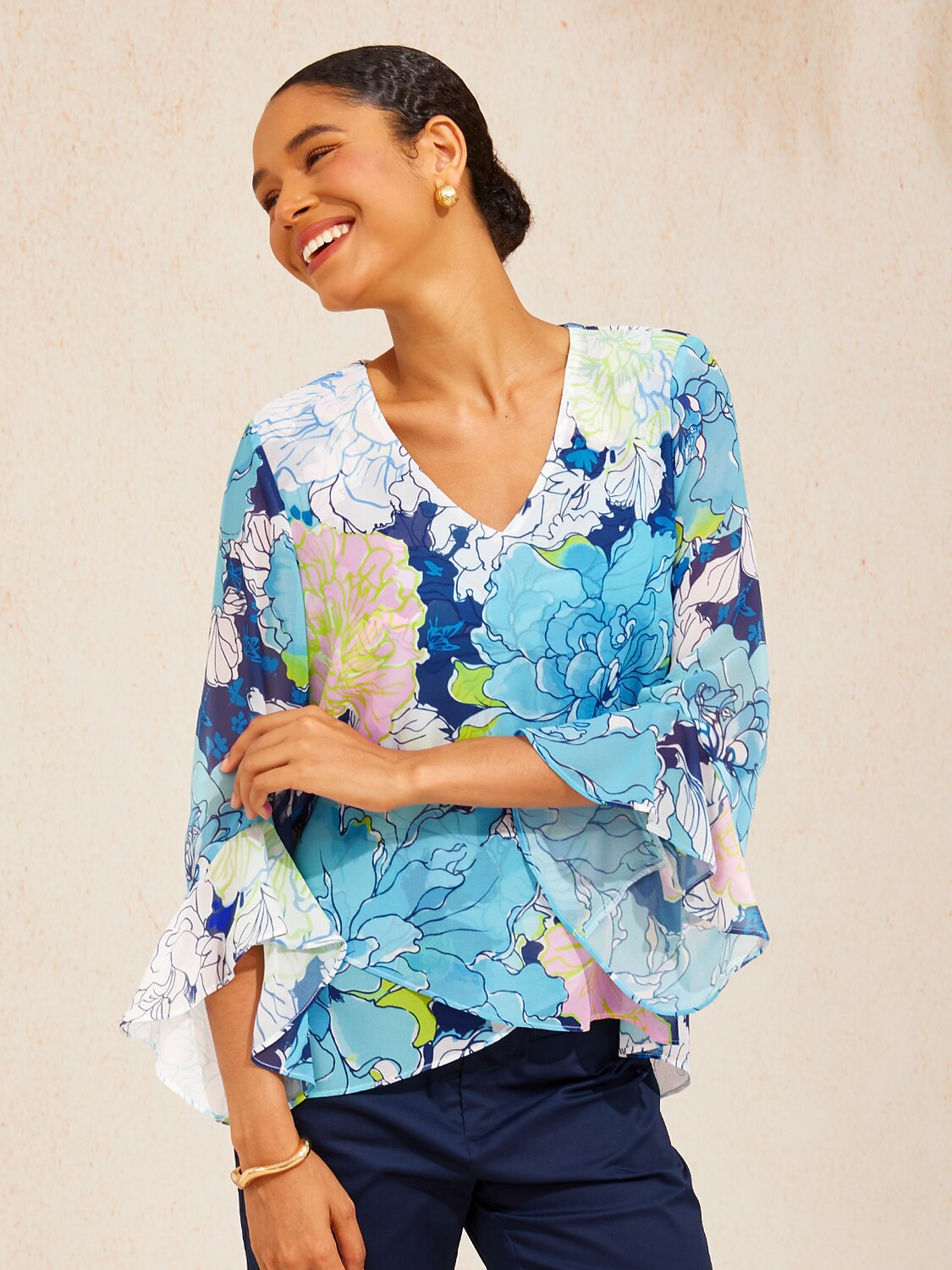 Pastel Wash Peony Flowy Chiffon Blouse