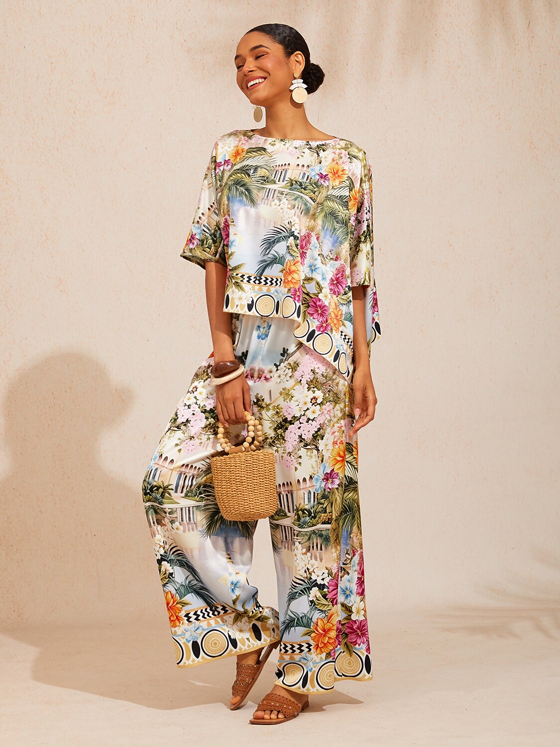 Pastel Floral Garden  Satin Wide Leg Pants