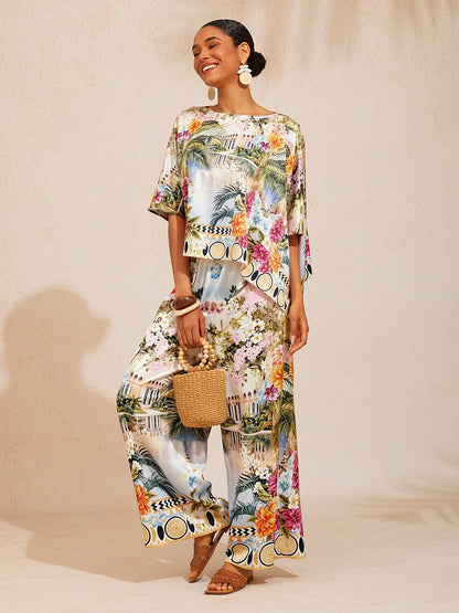 Pastel Floral Garden  Satin Wide Leg Pants