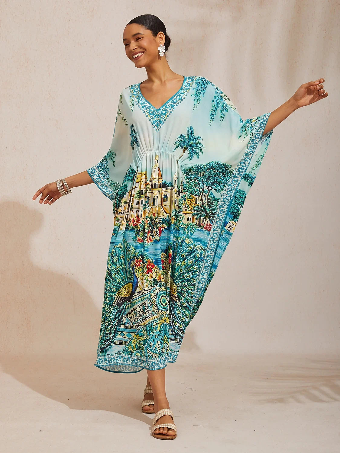 Balearic Islands Blue Flowy Chiffon Dolman Sleeve Kaftan