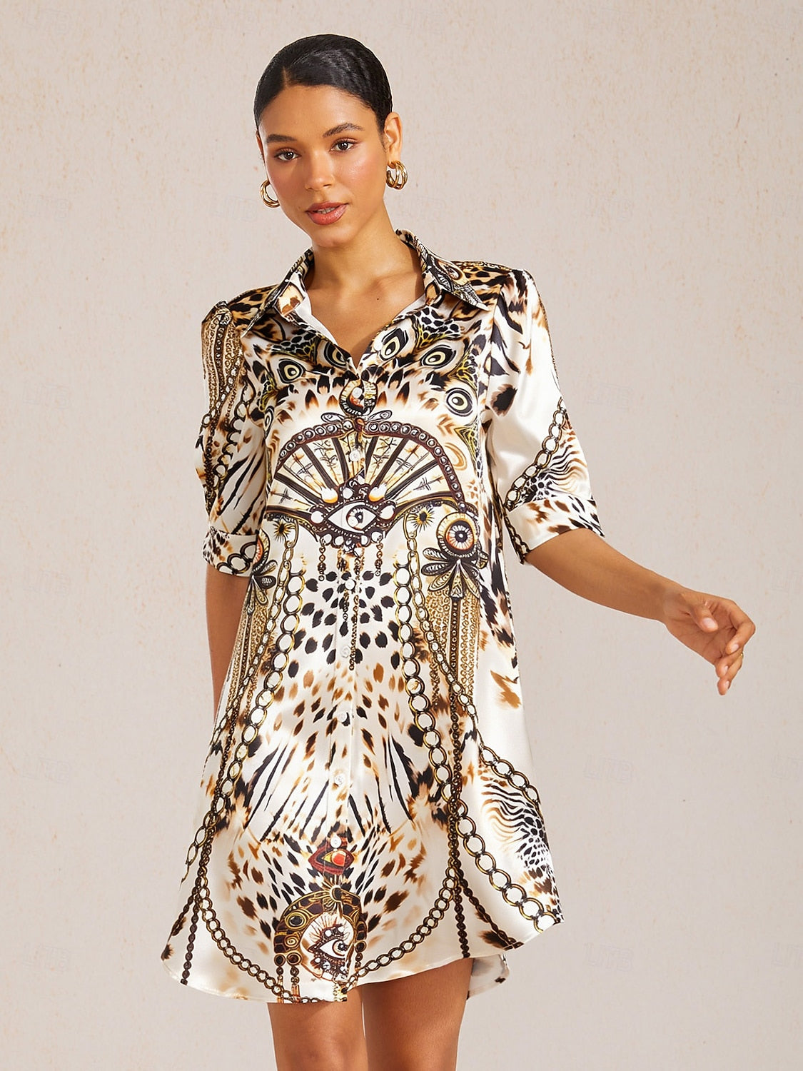 Ocean Blue Orchid Silky Satin Floral Shirt Dress
