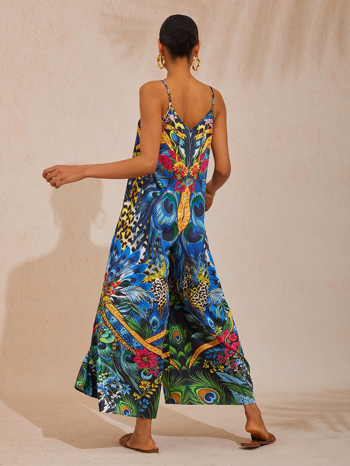 Jungle Wild Party Silky Satin Feather Jumpsuit