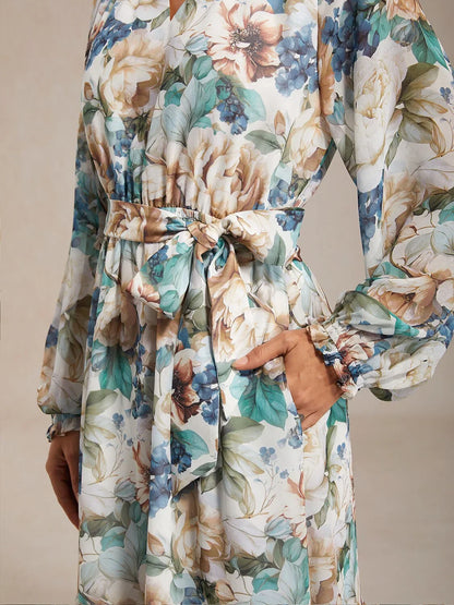 Floral Print Flowy Chiffon Vacation Maxi Dress