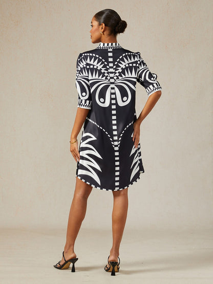 Noir Geometry Silky Satin Shirt Dress