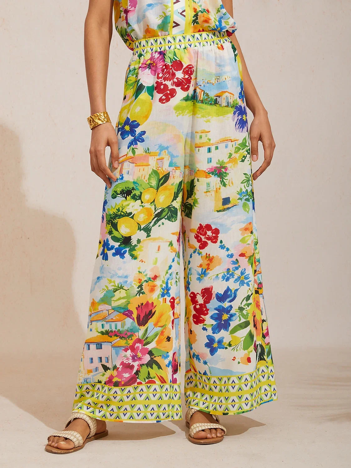 Holiday Citrus Garden Airy Linen Look Wide Leg Pants