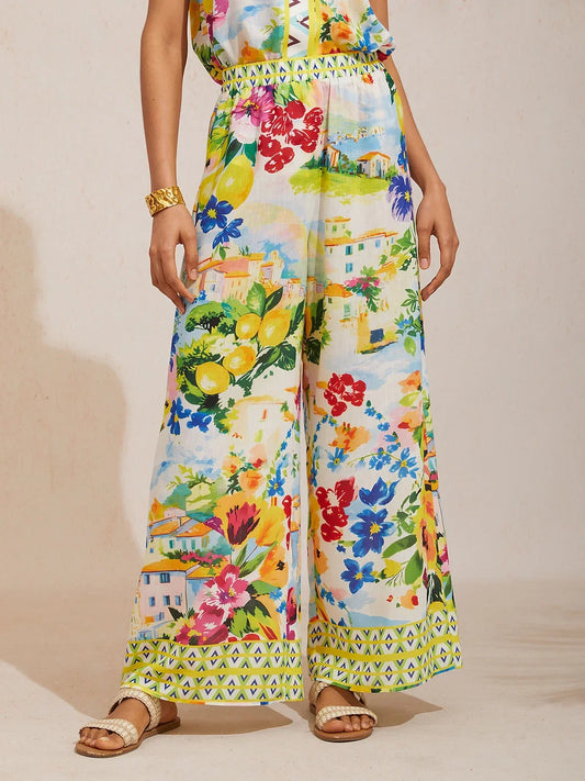 Holiday Citrus Garden Airy Linen Look Wide Leg Pants