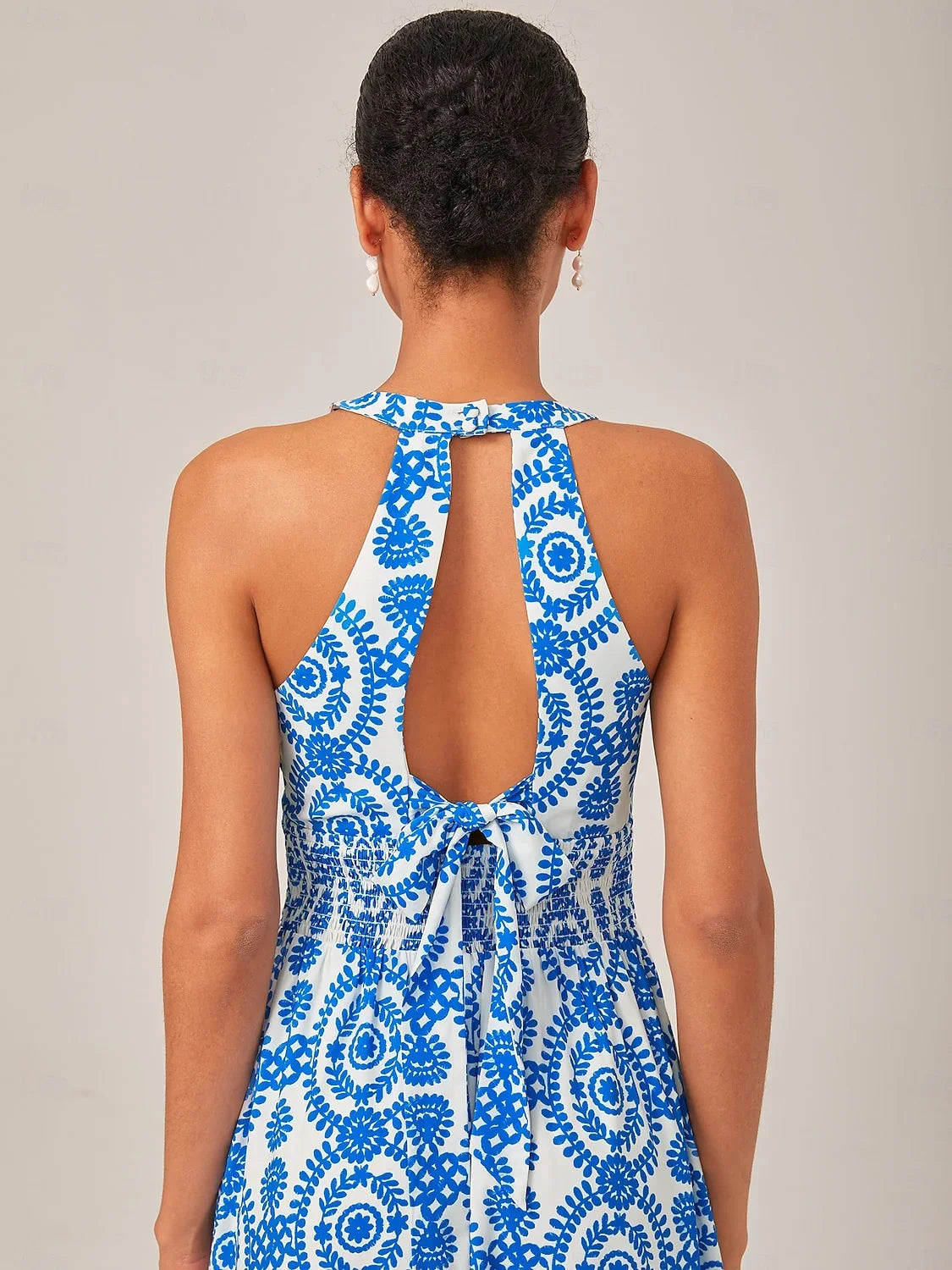 Chiffon Geometric Print Resort-Style Halter Fitted Waist Maxi Dress