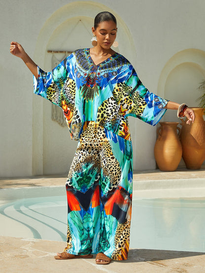 Indigo Tigress Silky Satin  Vacation Batwing Top
