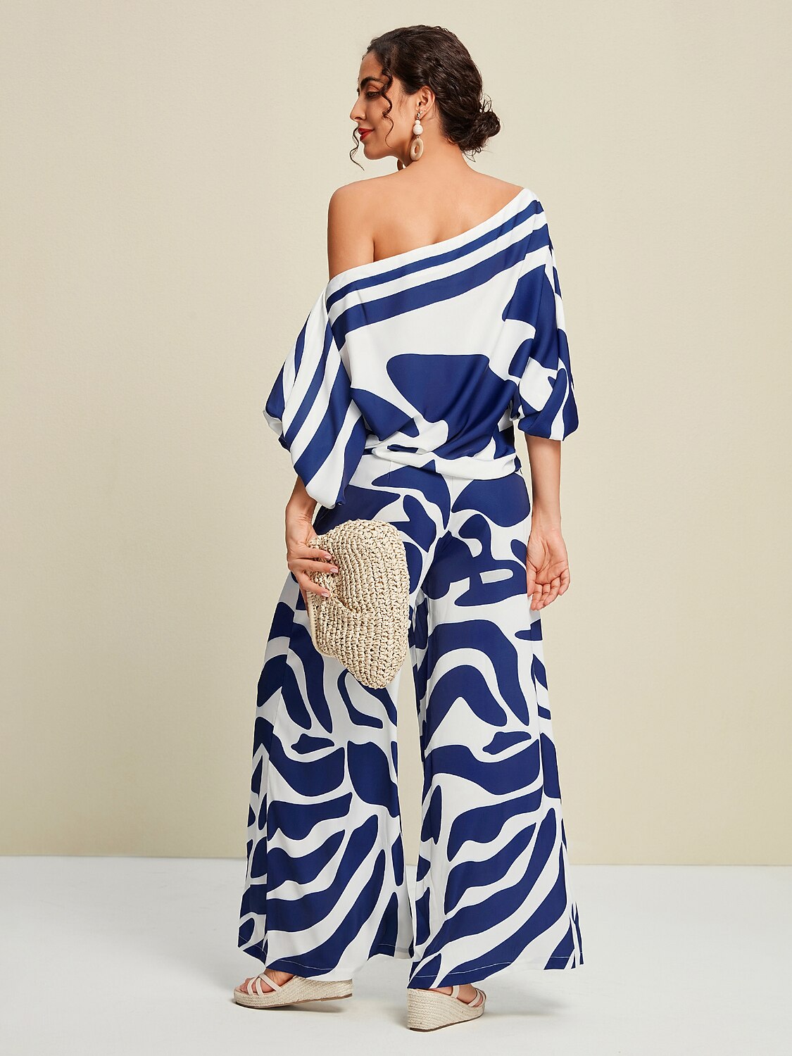Pantalones Anchos de Pierna Ancha con Estampado Abstracto para Uso Diario de Satén