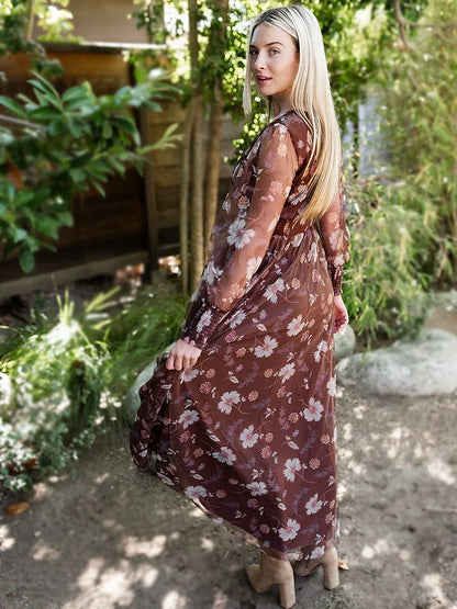 V-Neck Floral Mesh Maxi Dress