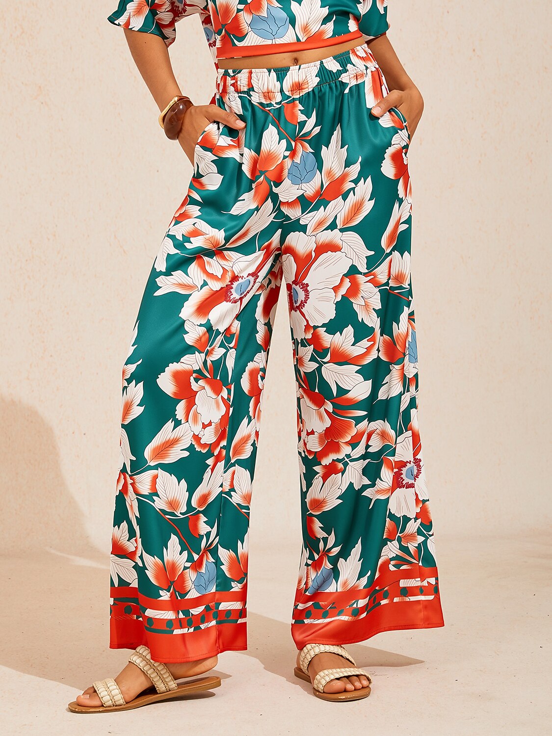 Deep Green Hibiscus Silky Satin Wide Leg Pants
