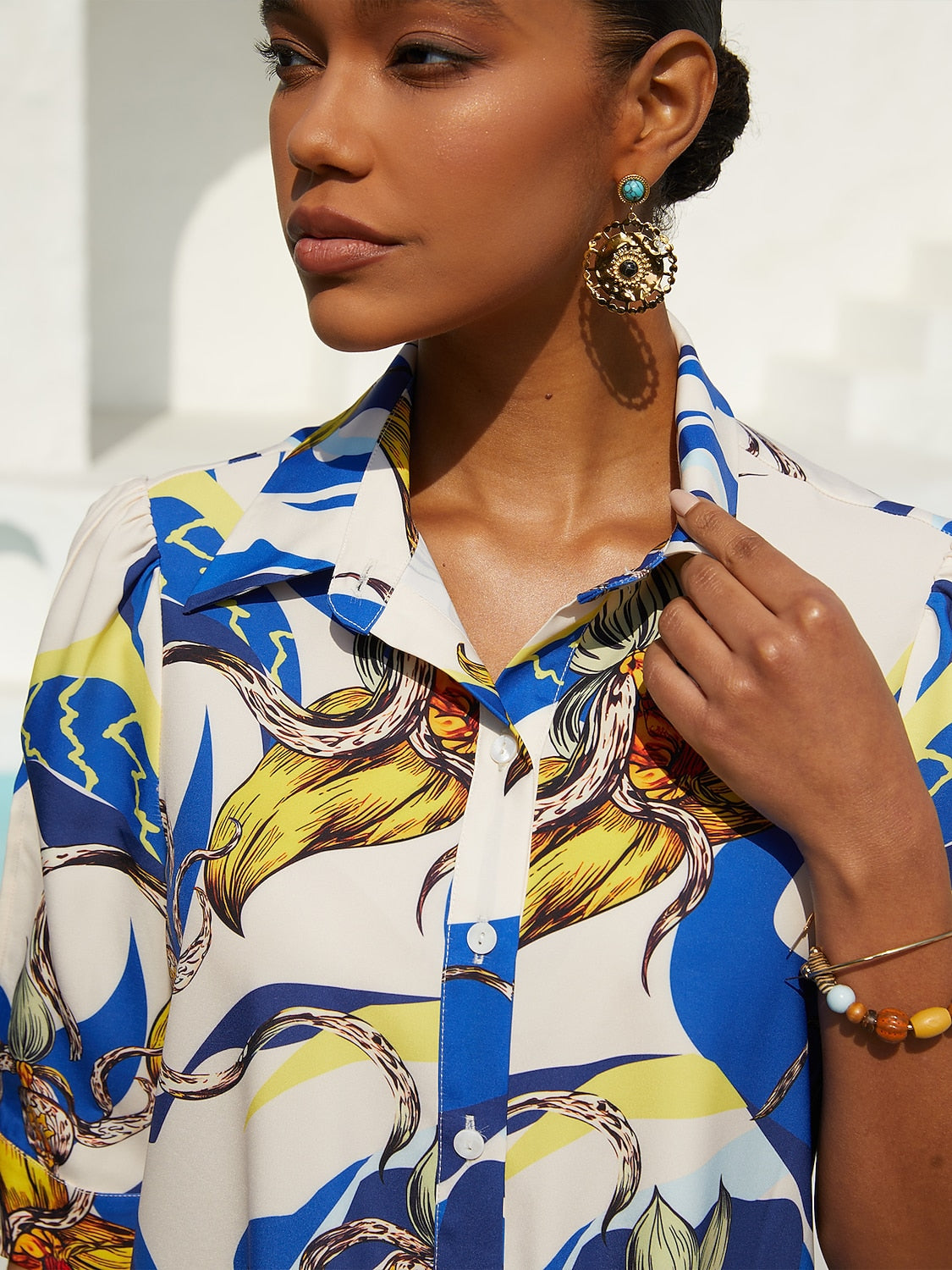 Ocean Blue Orchid Silky Satin Floral Shirt Dress