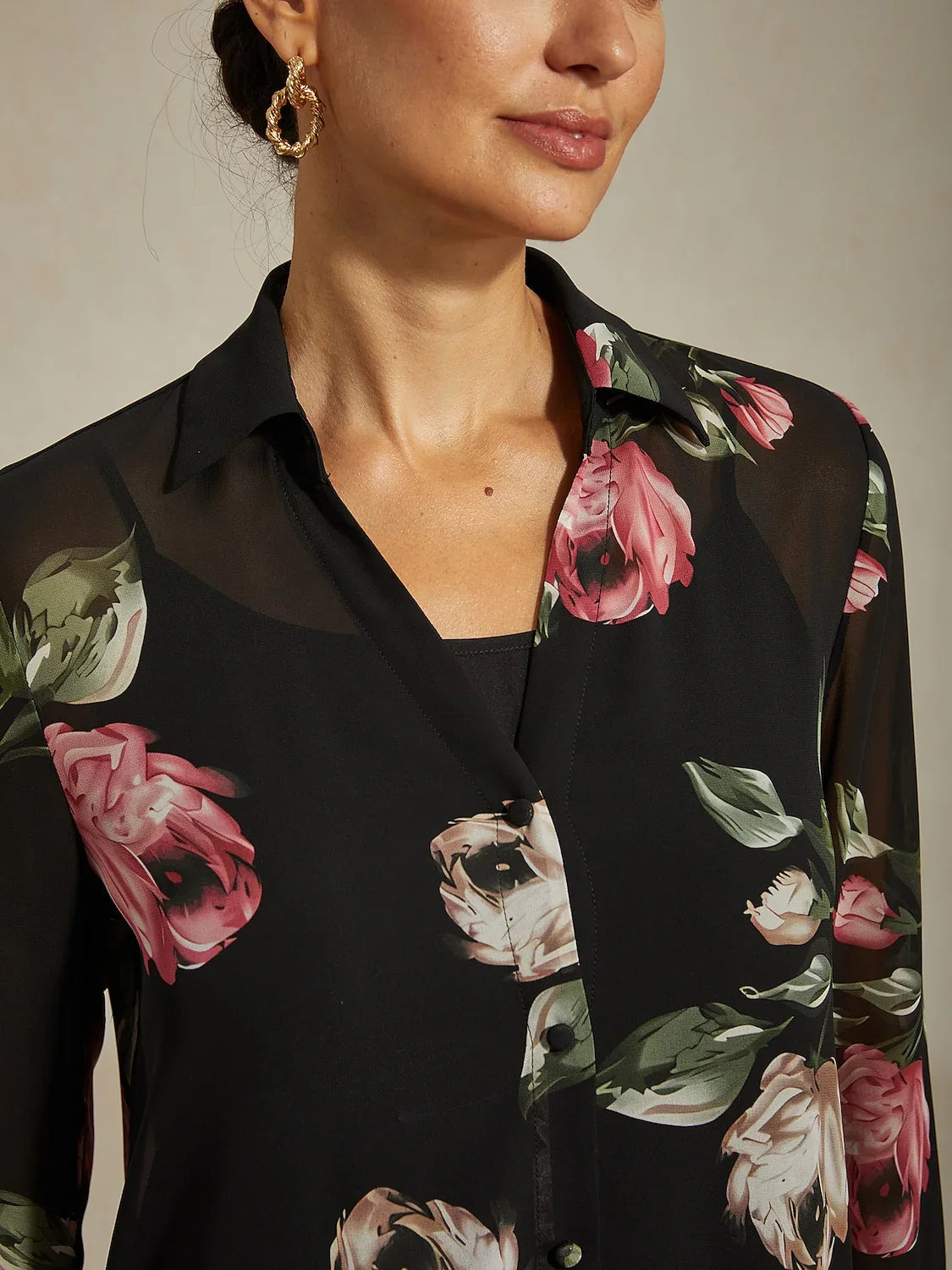 Chiffon Black Floral Print Shirt Mini Dress