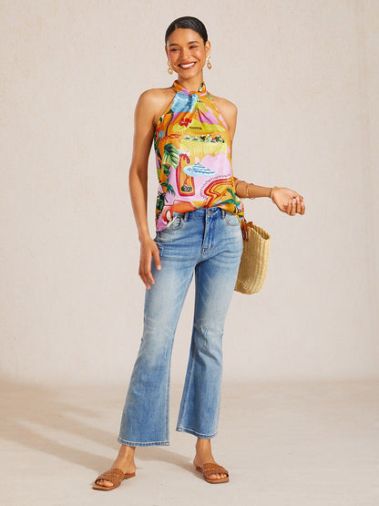 Abstract Art Silky Satin Halter Sleeveless Top