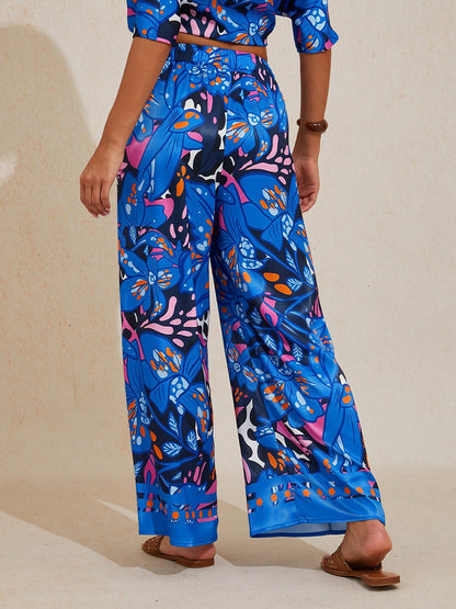 Abstract Azure Silky Satin Wide Leg Pants