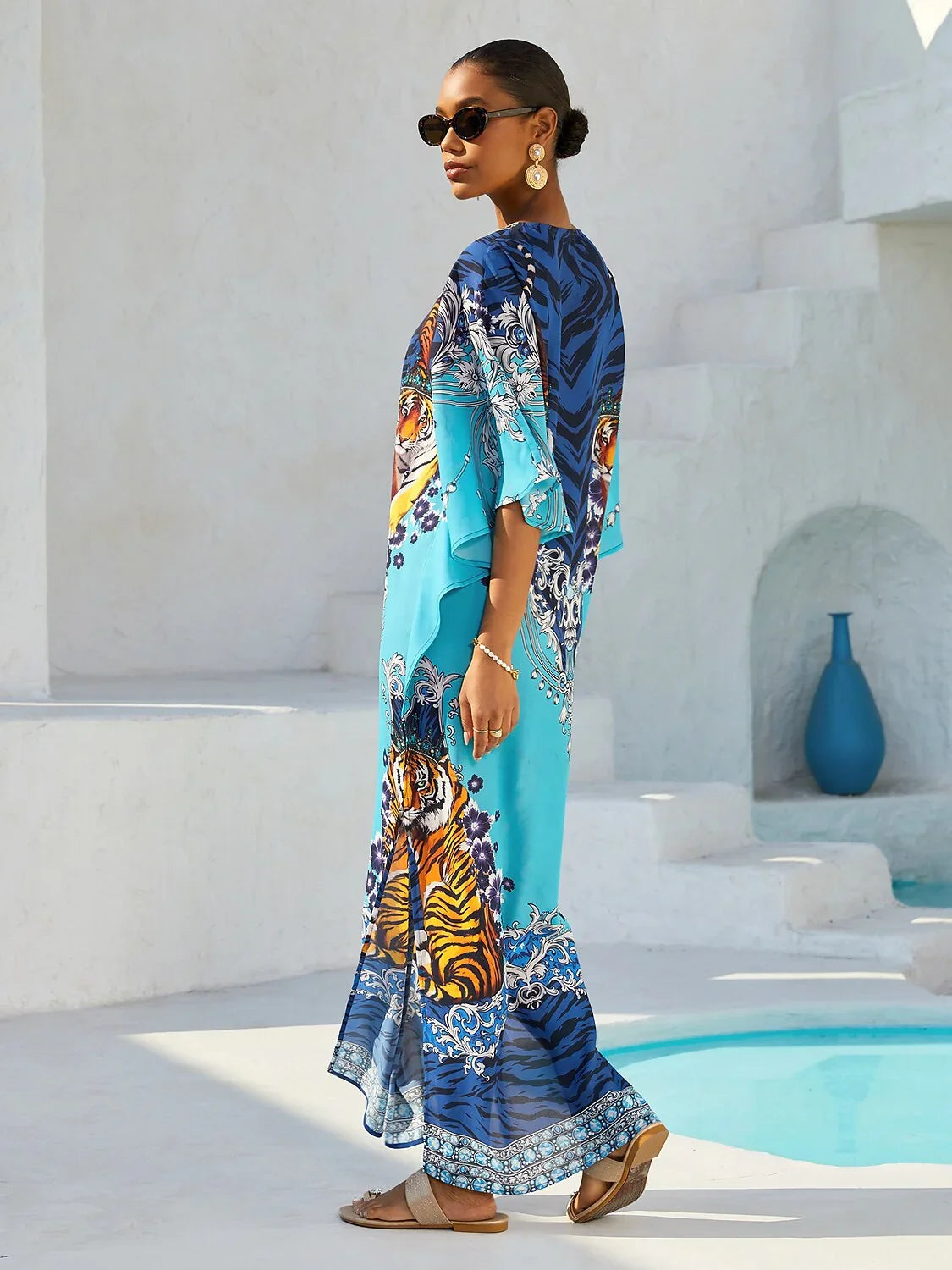 Indigo Tigress Flowy Chiffon Maxi Dress
