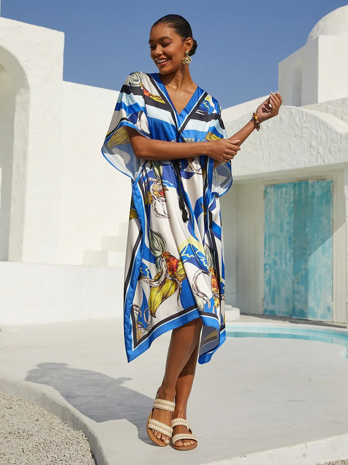 Ocean Blue Orchid Silky Satin Kaftan