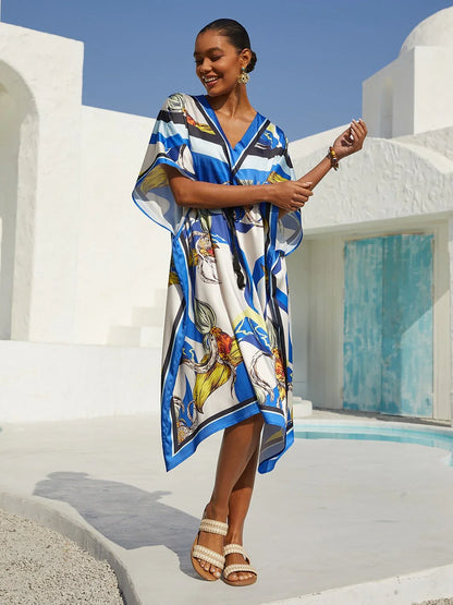 Ocean Blue Orchid Silky Satin Kaftan