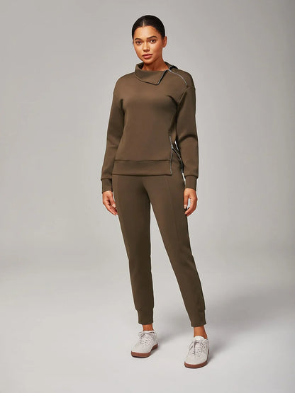 Brown Stretch Knit Zip Slit High Neck Top