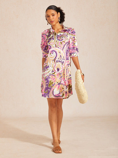 Lavender Paisley Flora Silky Satin Shirt Dress