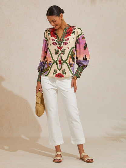 Hawaii Palm Silky Satin Blouse