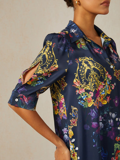 Midnight Jewel Bloom Silky Satin Shirt Dress
