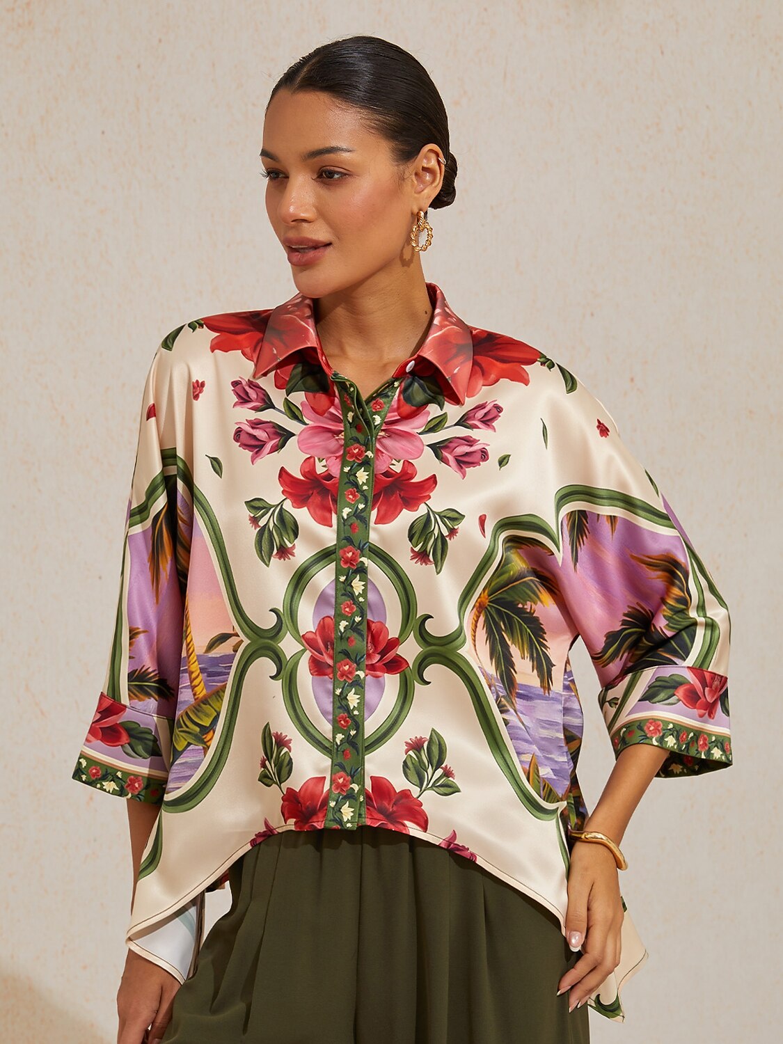 Hawaii Palm Satin Dolman Sleeve Top