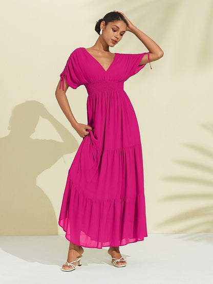 Rose Red Short Sleeve Vacation Chiffon Dress