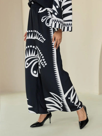 Black Satin Full Length Printing Wide Leg Pants