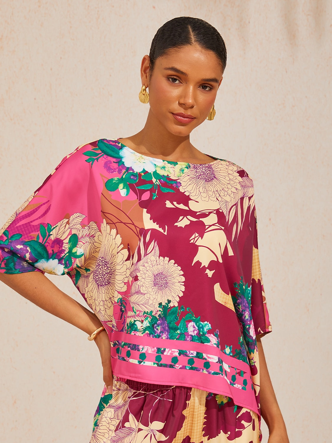 Fiery Pink Rose Silky Satin Batwing Top