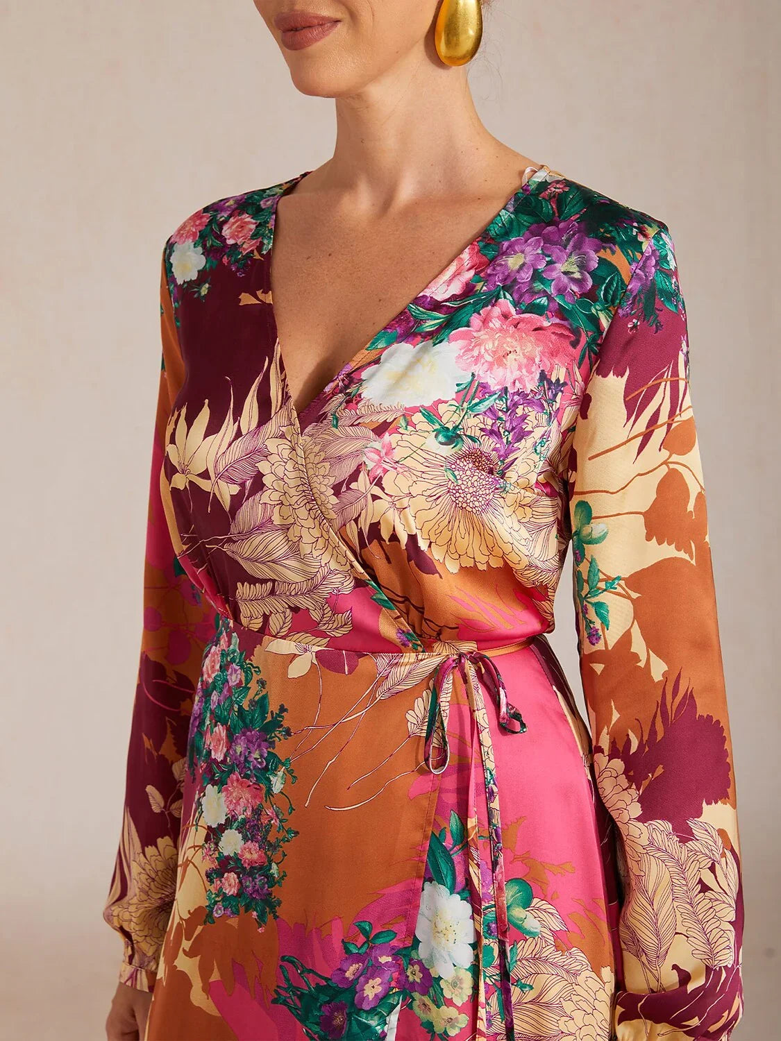 Sunset Bloom Reverie Silky Satin Floral Maxi Dress
