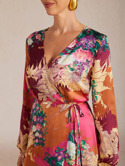 Sunset Bloom Reverie Silky Satin Floral Maxi Dress