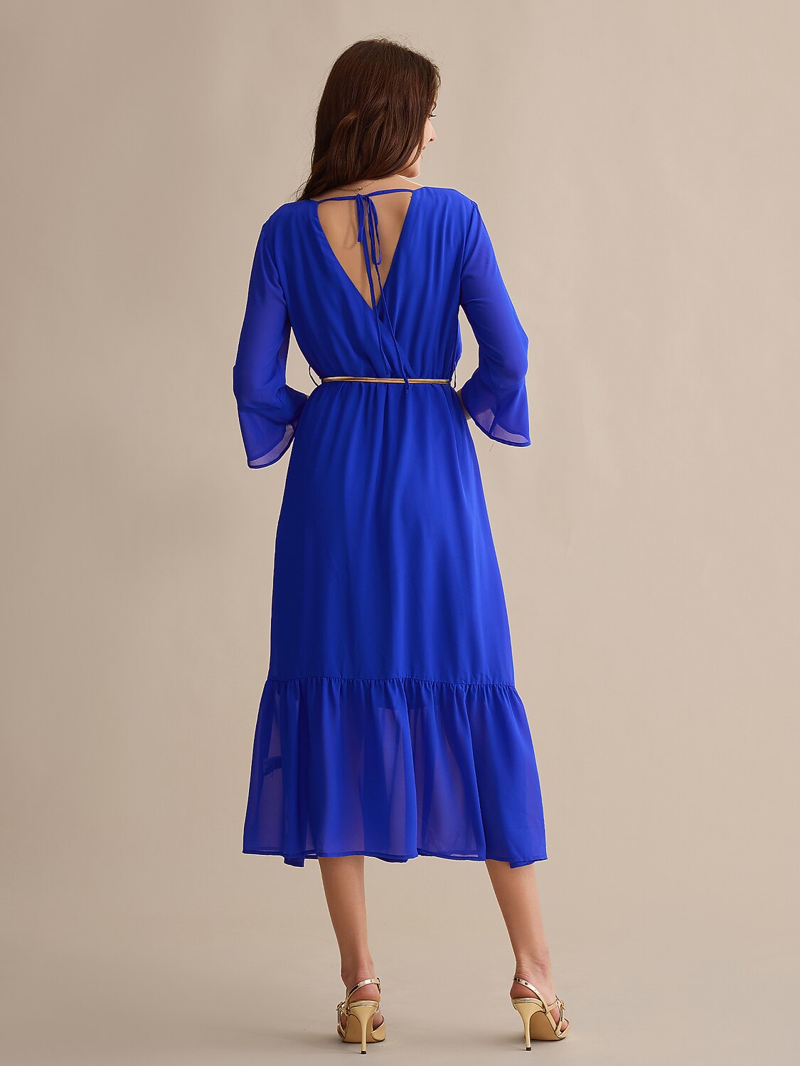 Royal Blue Belted Chiffon Midi Dress