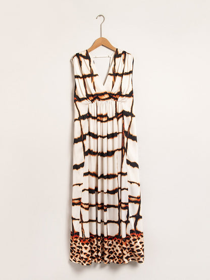 Satin Leopard Print Cross Front Sleeveless Maxi Dress