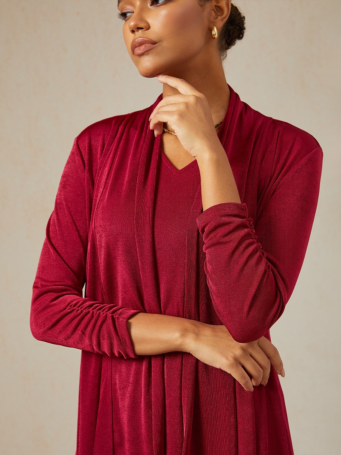 Acetate Look Stretch Knit Ruched Sleeve Jacket