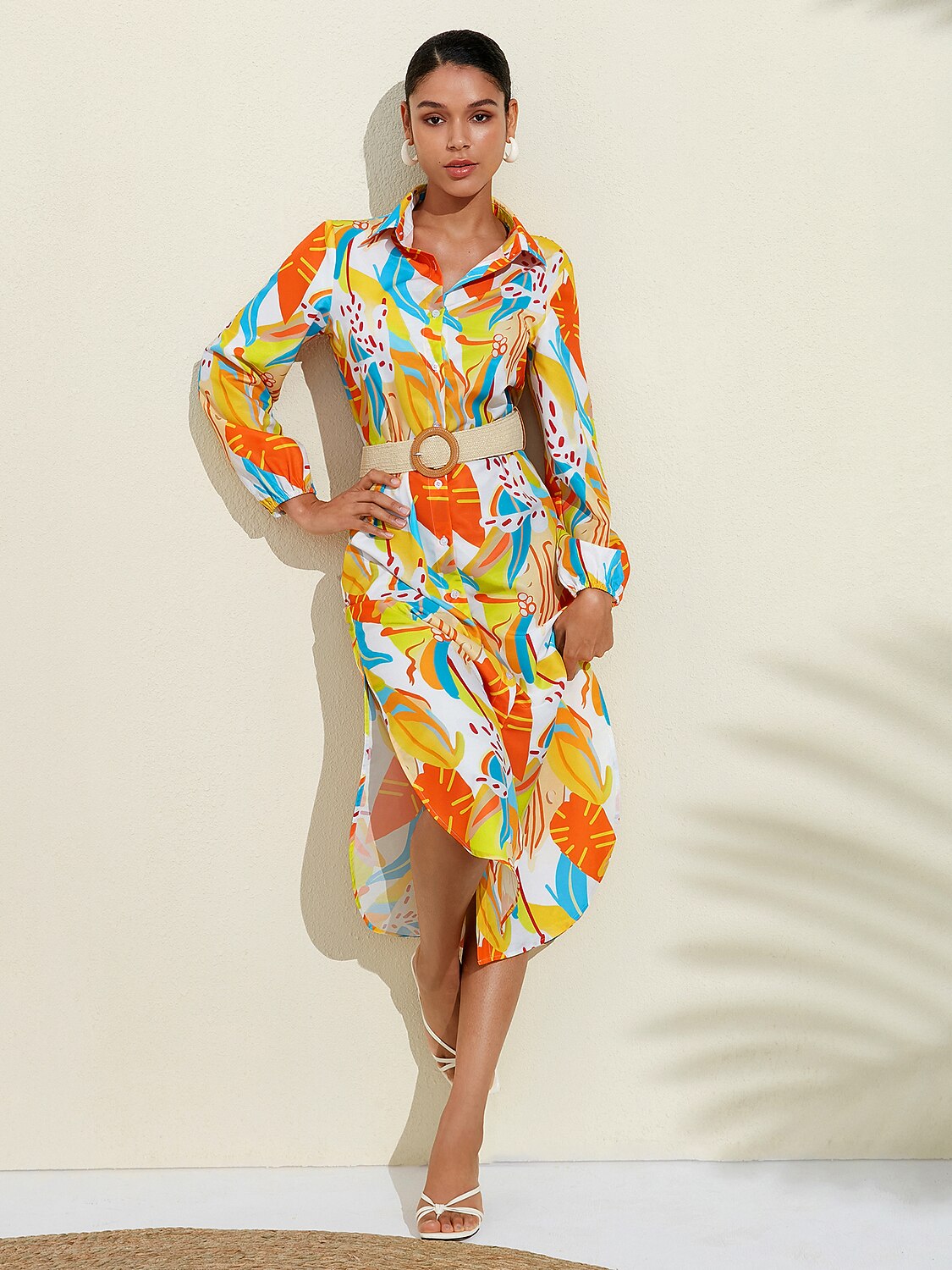 Plant Print Effortless Linen-Style Shirt Dress
