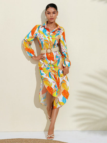 Plant Print Effortless Linen-Style Shirt Dress