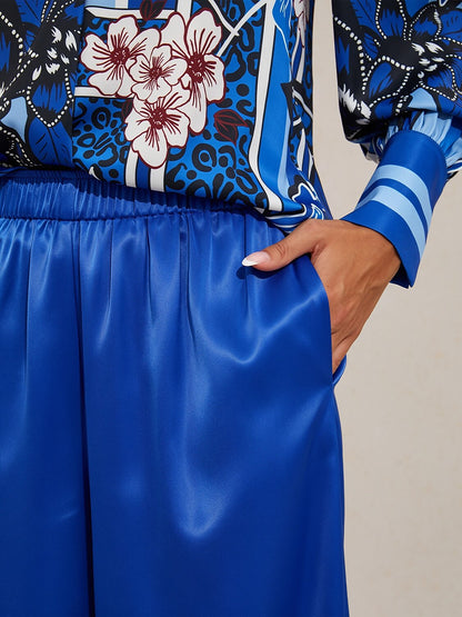 Silky Satin Blue Elastic Waist Wide Leg Pants