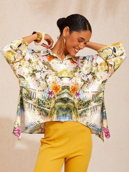 Pastel Floral Garden Satin Dolman Sleeve Top