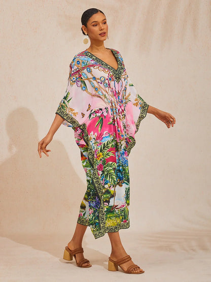 Pink Jungle Party Flowy Chiffon Diamond Kaftan