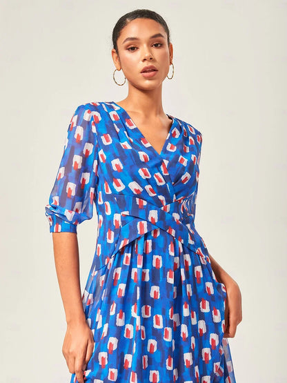 Geometric Color-Block Chiffon Maxi Dress