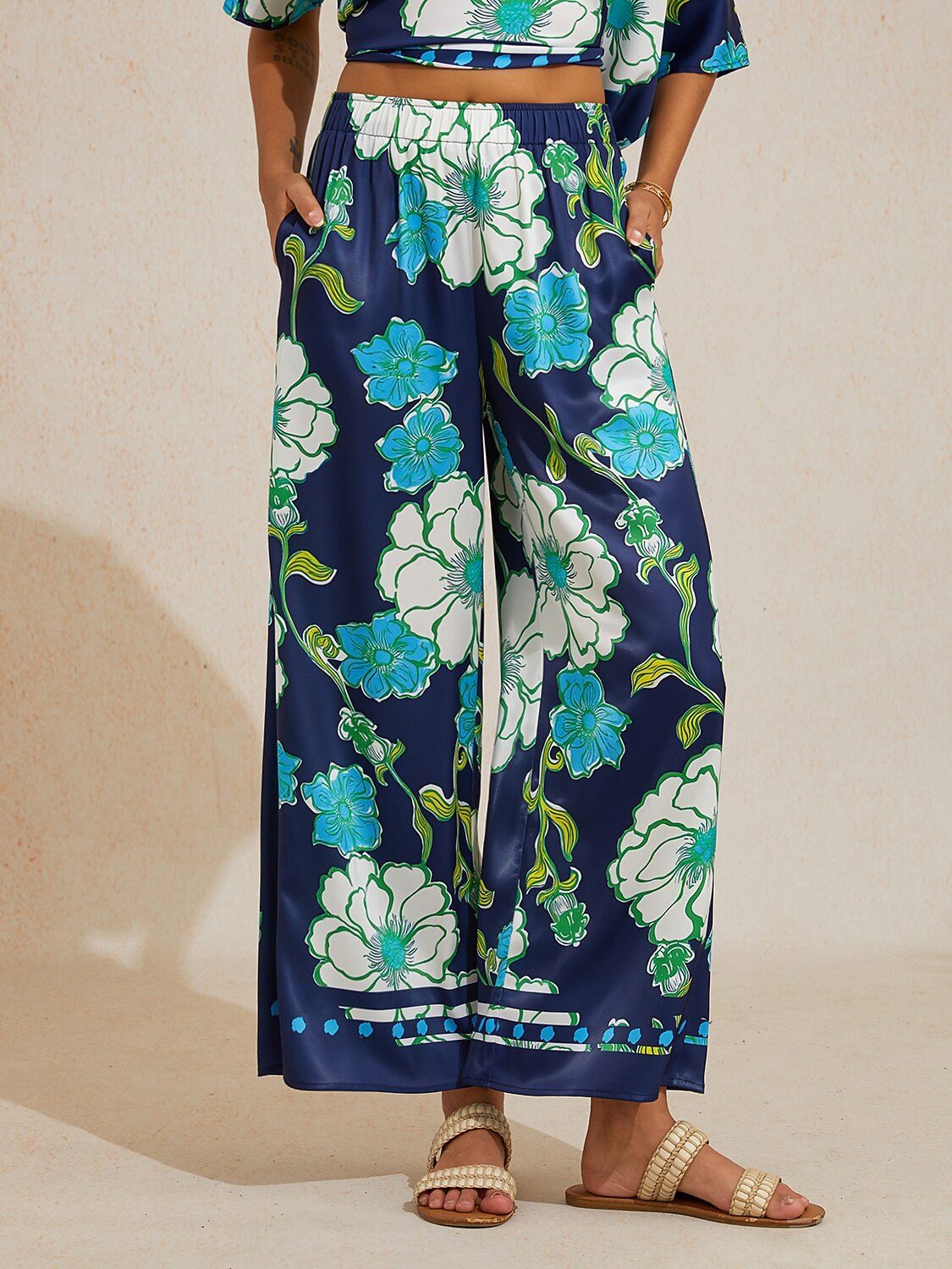 Emerald Tide Bloom Silky Satin Wide Leg Pants