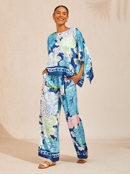 Pastel Wash Peony Silky Satin Wide Leg Pants