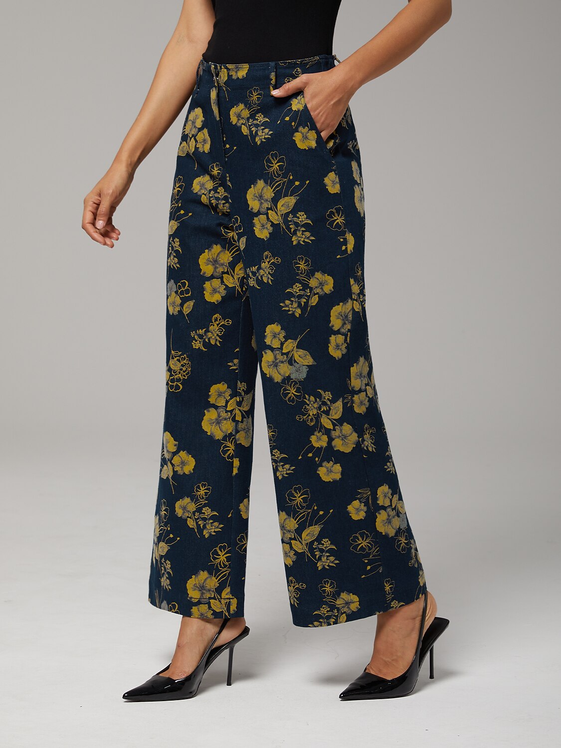 Denim Yellow Floral Print Straight Leg Pants Vacation