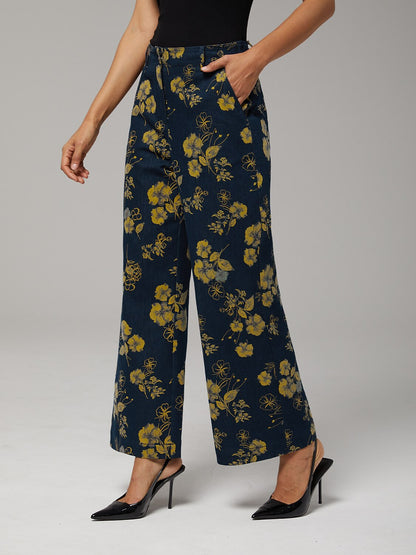 Denim Yellow Floral Print Straight Leg Pants Vacation
