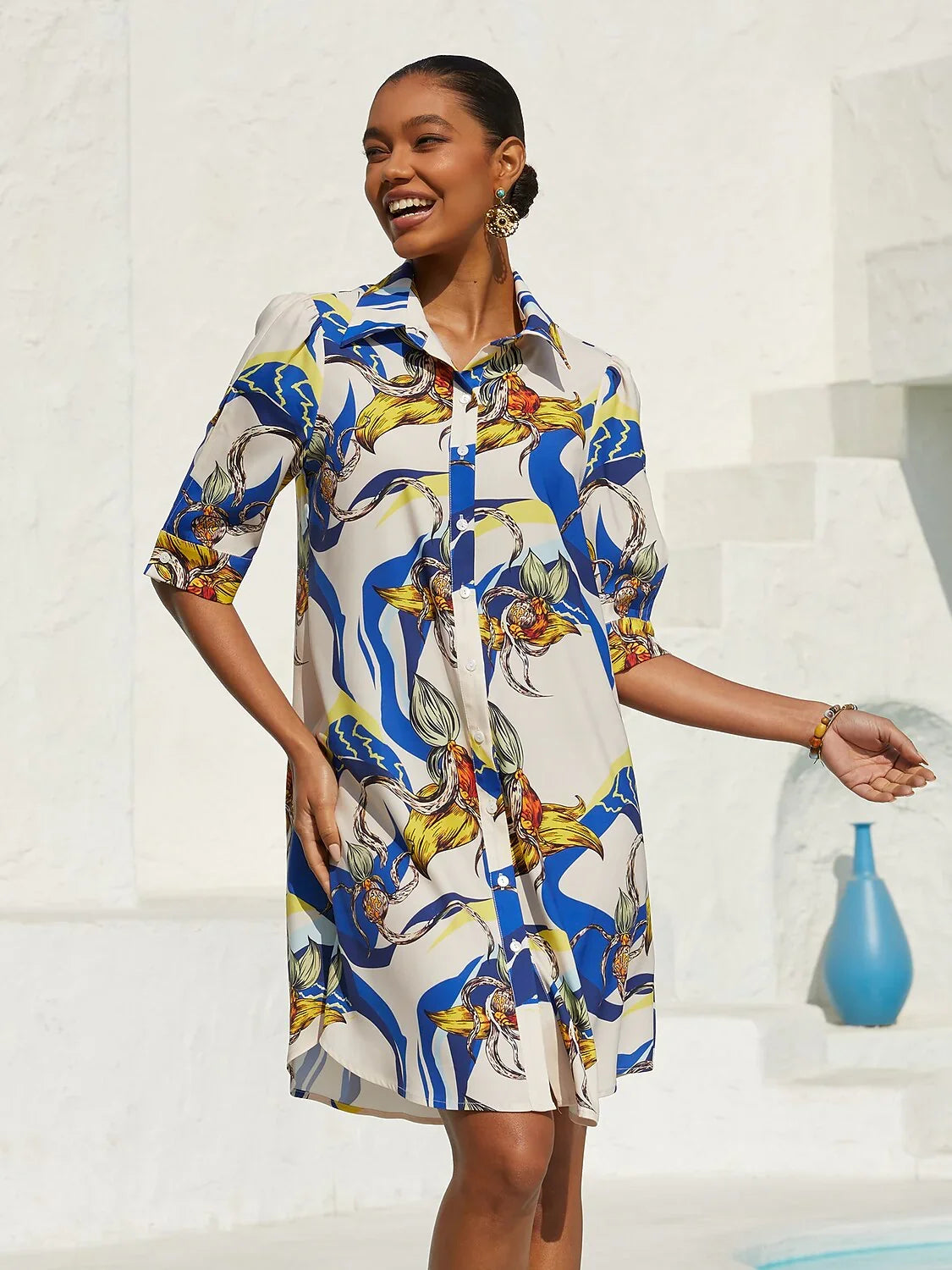 Ocean Blue Orchid Silky Satin Floral Shirt Dress